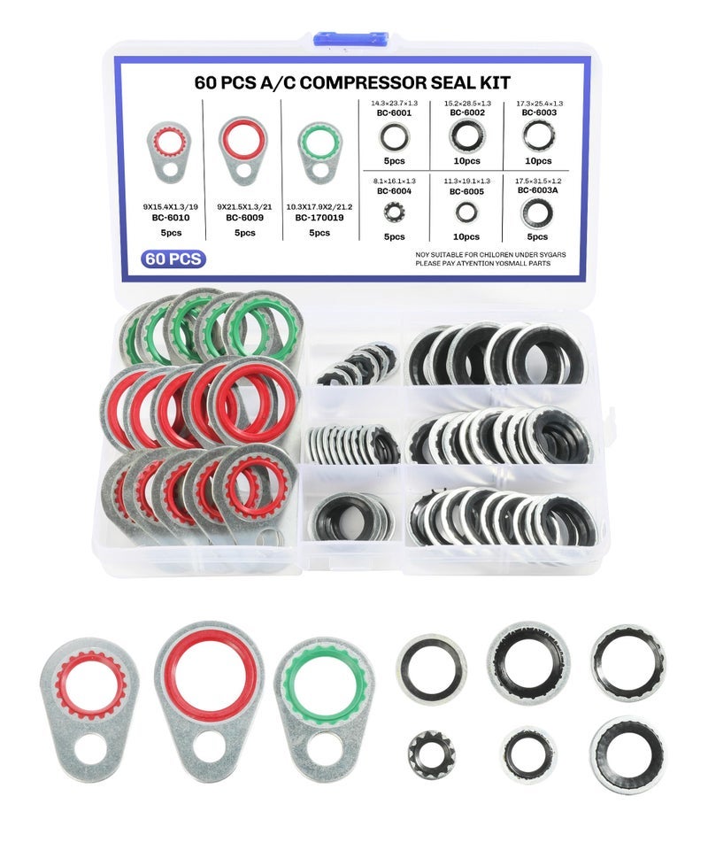 bylikeho A/C O Ring Kit,Car Accessories Gasket,O Ring Assortment Kit,AC O Ring Kit,60pcs AC Seal Kit,A/C Compressor Seal Kit,Automotive Replacement Seal Gasket,AC Gasket Kit - Image 1
